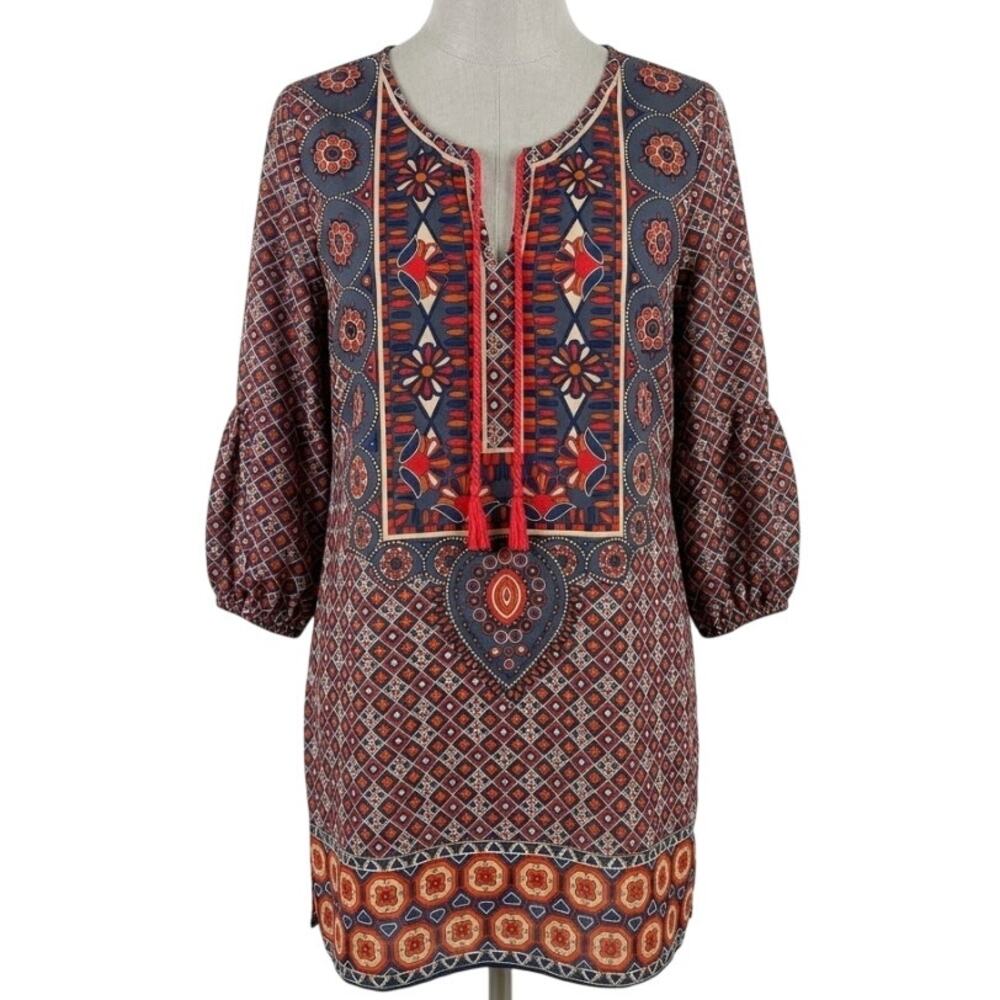 NLW Dress Size M Red Blue Orange Bohemian Long Sleeves Boho Chic Festival Artsy